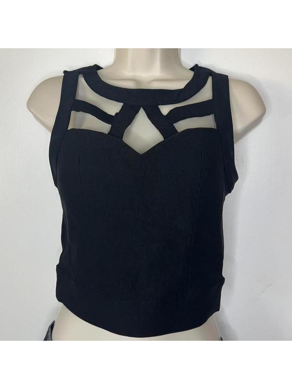 Vintage Y2K Charlotte Russe Top Small Black Strappy Cage Neck Crop Full Zip Tank